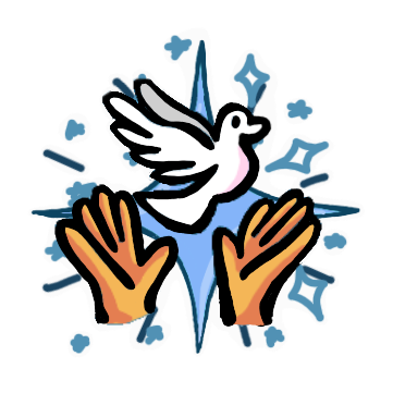 two yellow hands have let go of a white dove, the dove is in flight above the hands, and its beak is exaggerated in size. Behind the bird and hands is a big blue diamond shaped star. Around the image are blue stars and little streaks. The entire image is outlined in thick white lines in the style of a sticker